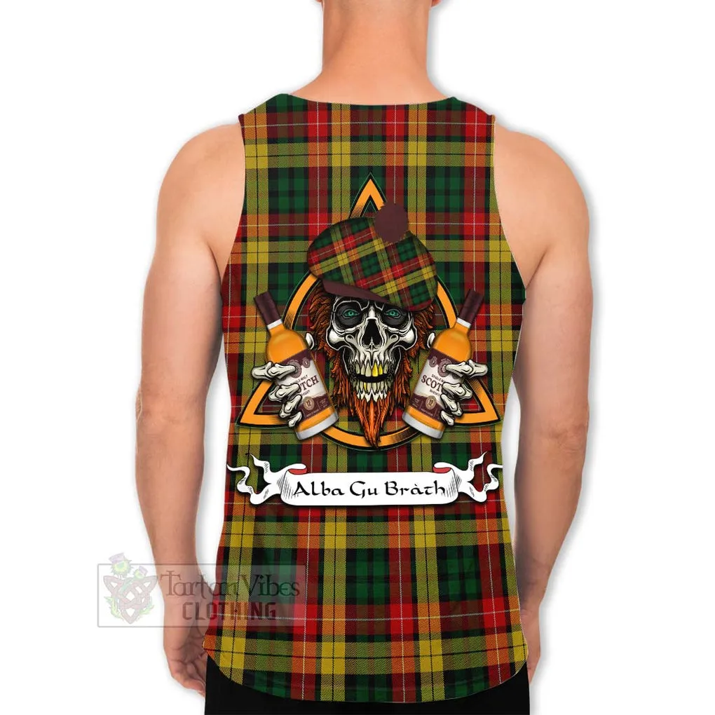 Buchanan Tartan Men's Tank Top with Family Crest and Bearded Skull Holding Bottles of Whiskey