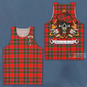 Butter Tartan Men's Tank Top with Family Crest and Bearded Skull Holding Bottles of Whiskey