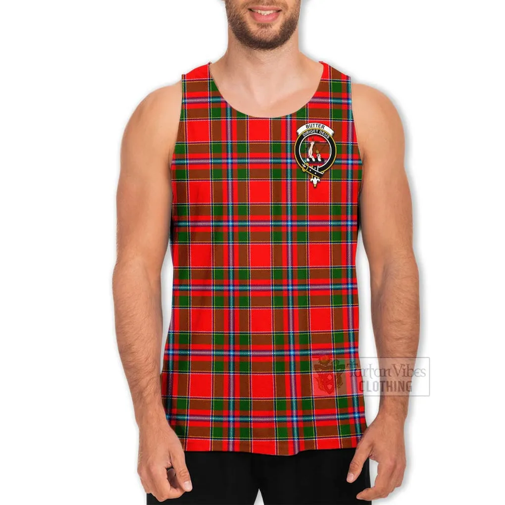 Butter Tartan Men's Tank Top with Family Crest and Bearded Skull Holding Bottles of Whiskey