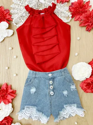 Cascading Cuteness Lace Denim Shorts Set