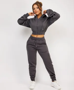 Charcoal Grey Ruched Sleeve Zipped Hoodie and Joggers Tracksuit