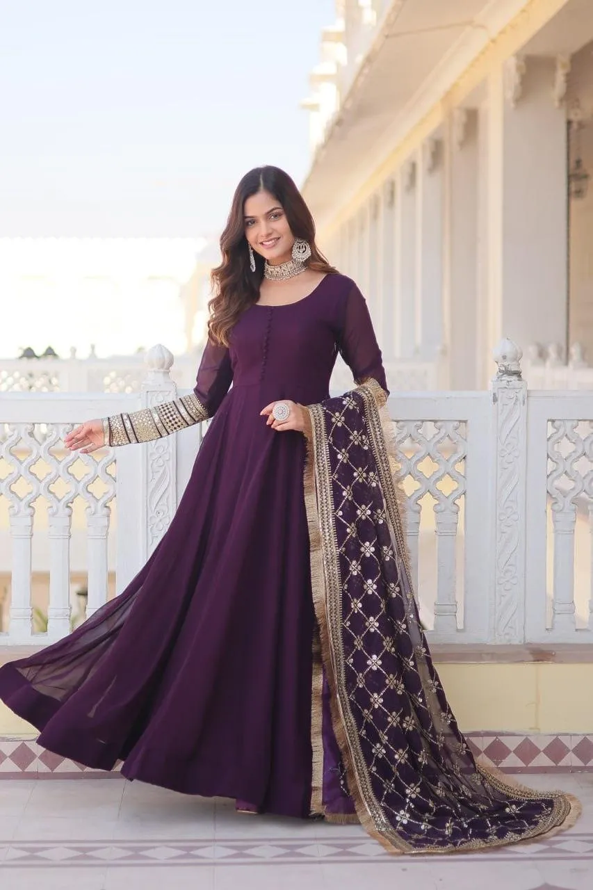 Charming Faux Georgette Sequins Embroidered Gown With Dupatta