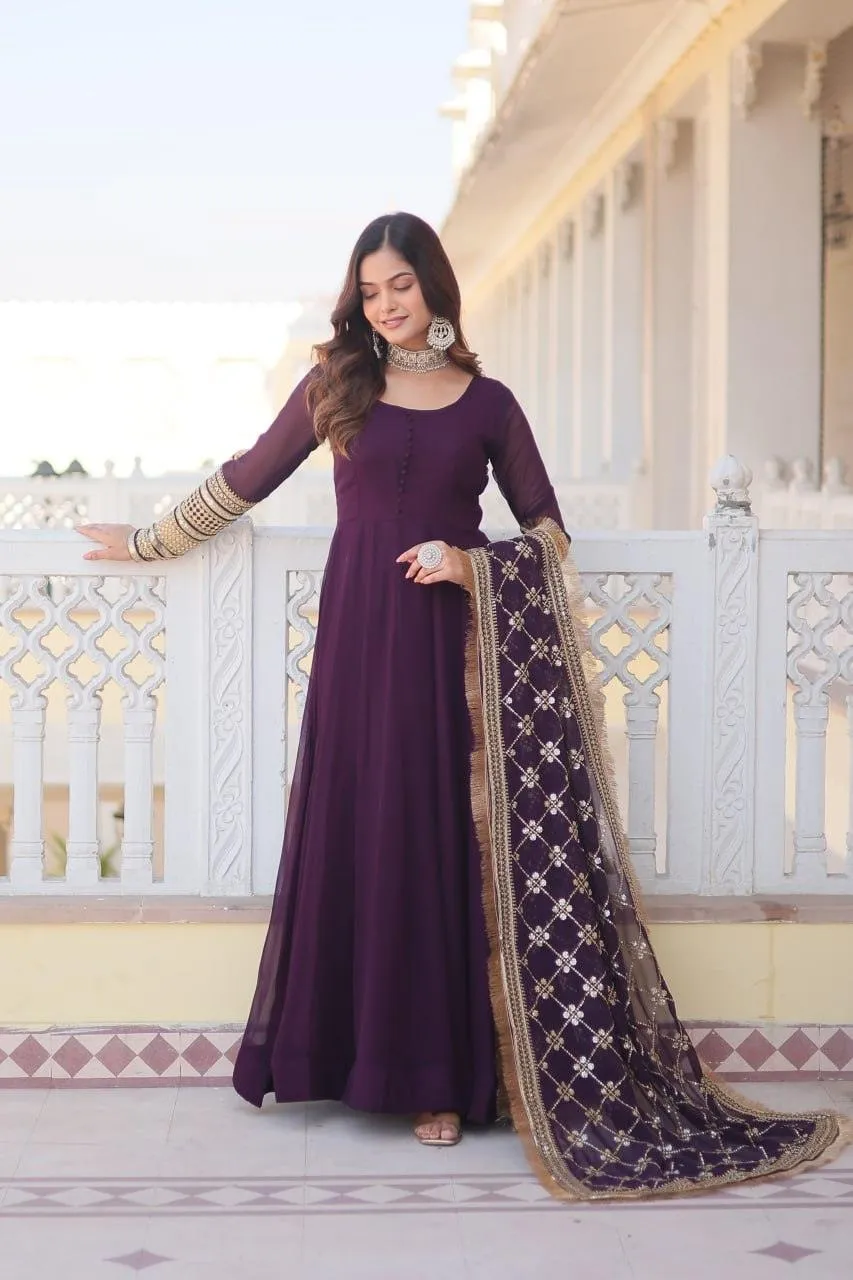 Charming Faux Georgette Sequins Embroidered Gown With Dupatta