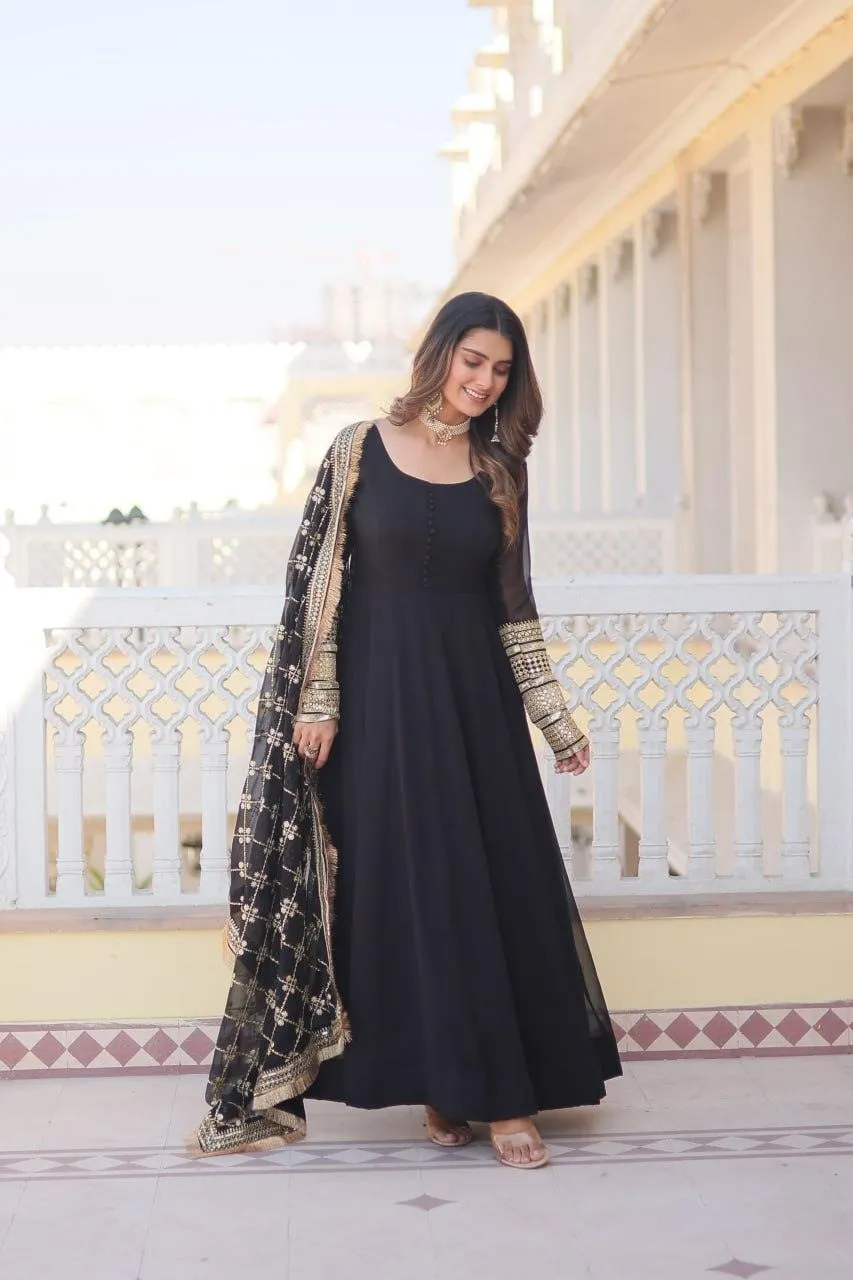 Charming Faux Georgette Sequins Embroidered Gown With Dupatta