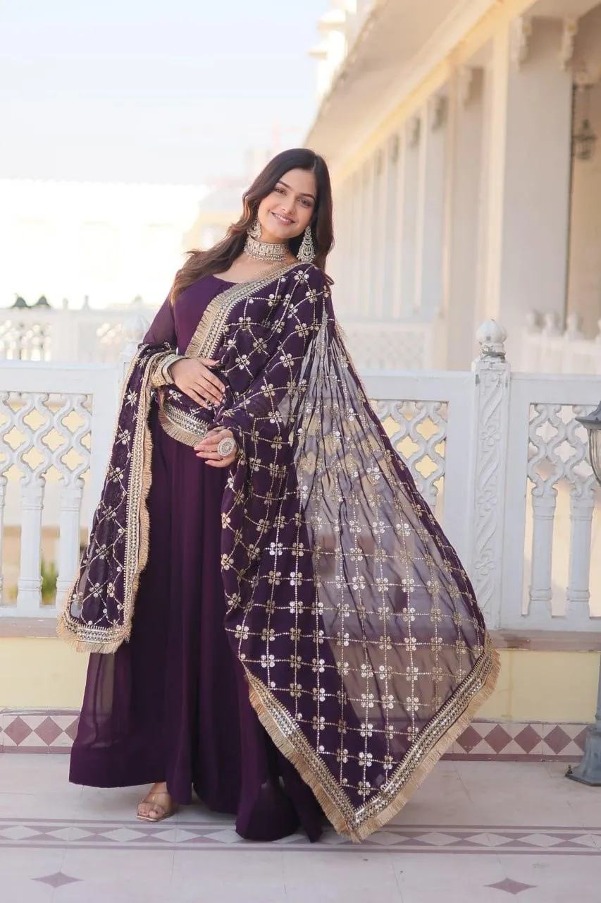 Charming Faux Georgette Sequins Embroidered Gown With Dupatta