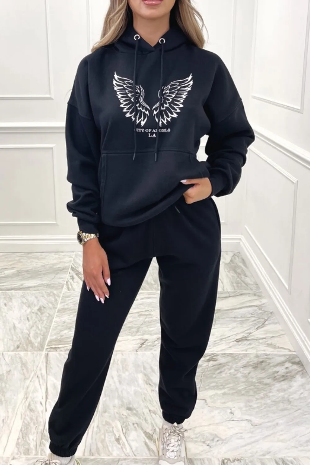 city of angels embroidered black hooded loungewear set