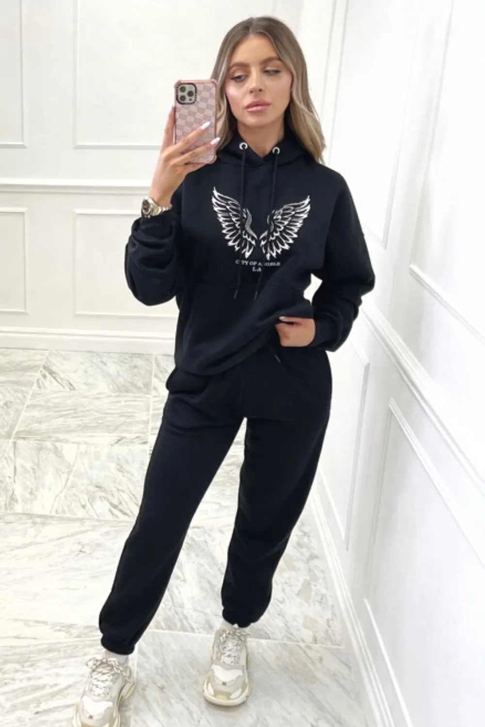 city of angels embroidered black hooded loungewear set