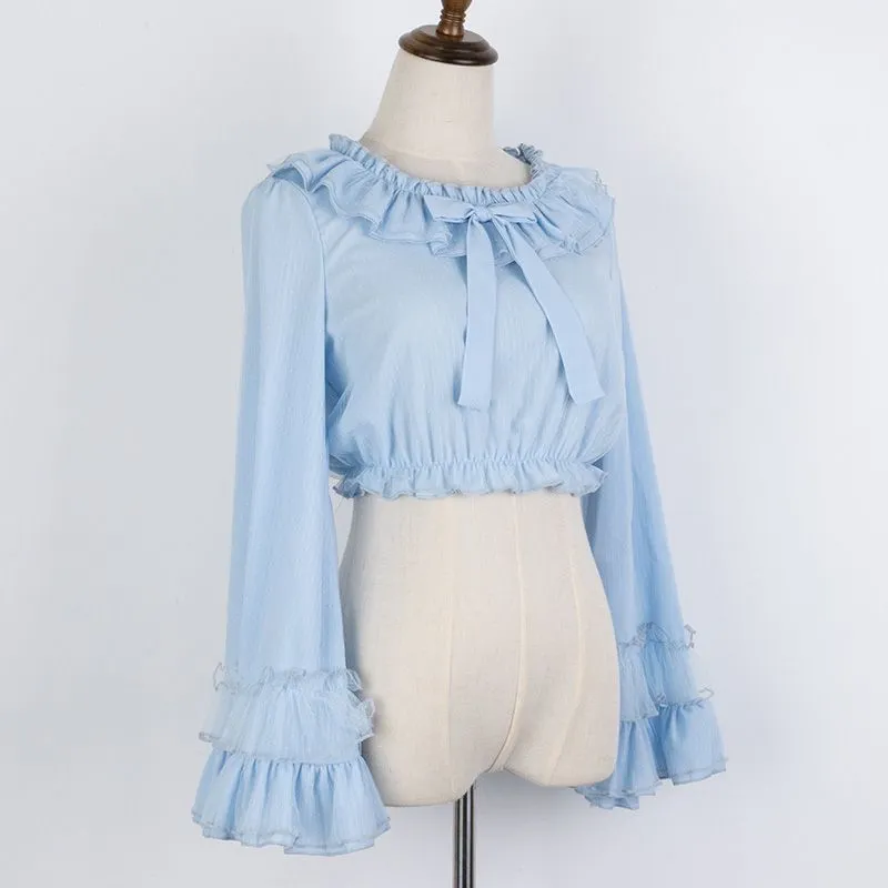 Classic Chiffon Mesh Ruffle Puff Sleeve Lolita Blouse Shirt