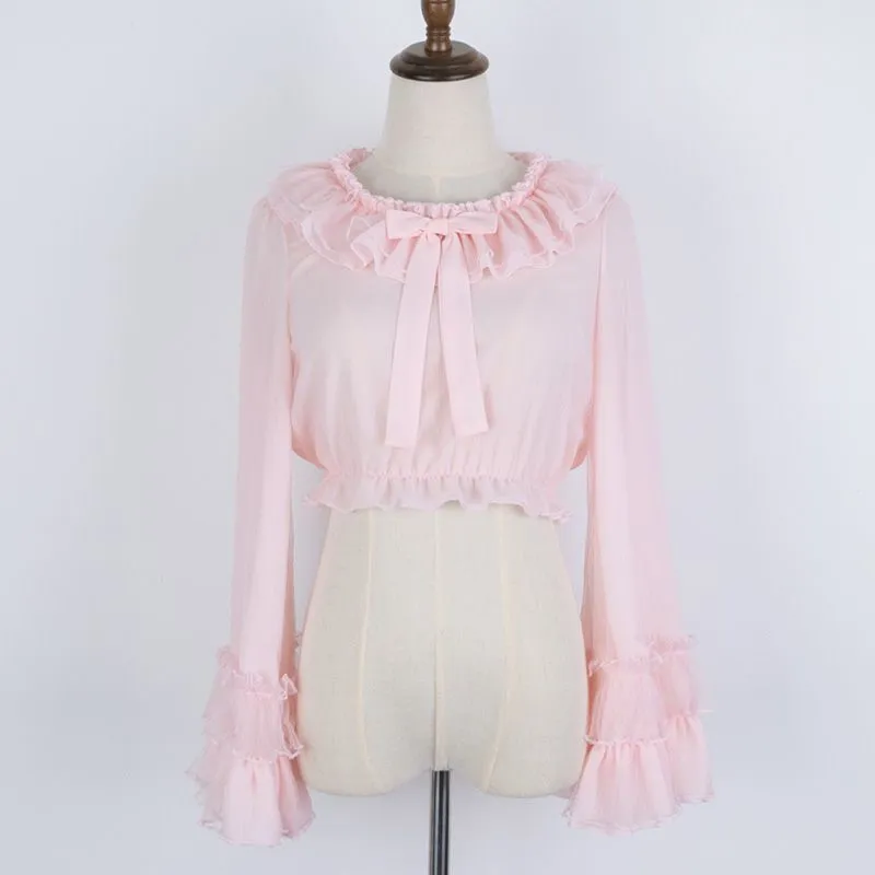 Classic Chiffon Mesh Ruffle Puff Sleeve Lolita Blouse Shirt