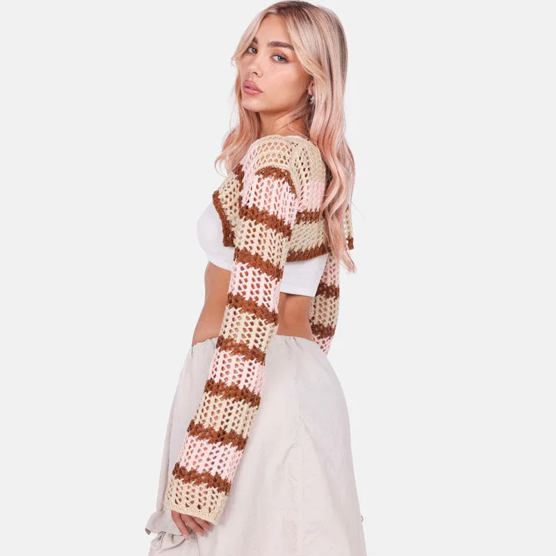 Contrast Striped Print Boat Neck Long Sleeve Crochet Open Knit Shrug