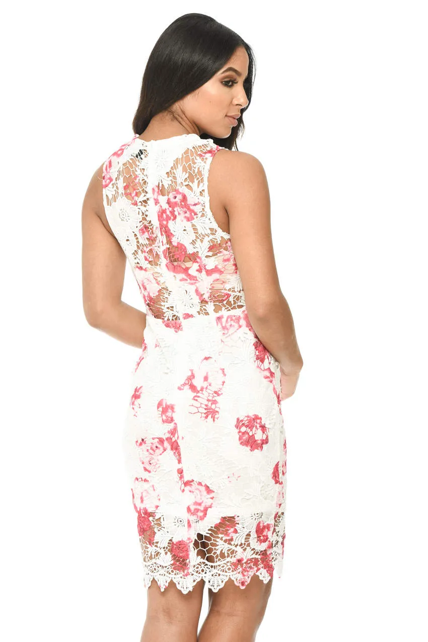 Cream and Pink Floral Lace Bodycon Dress