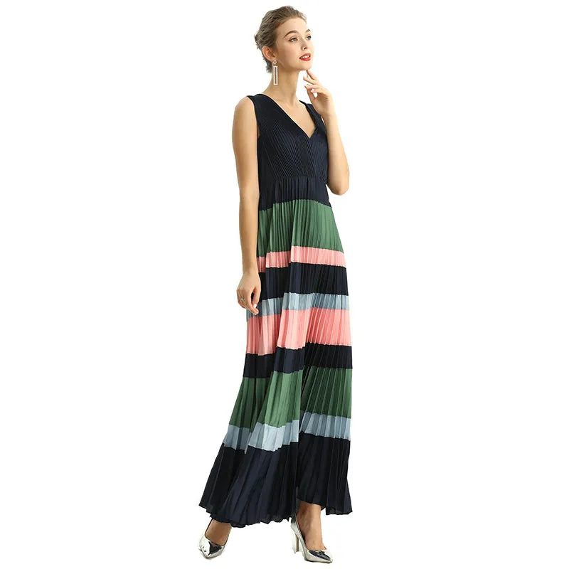 D198 Women color block satin V neck pleated maxi evening dress