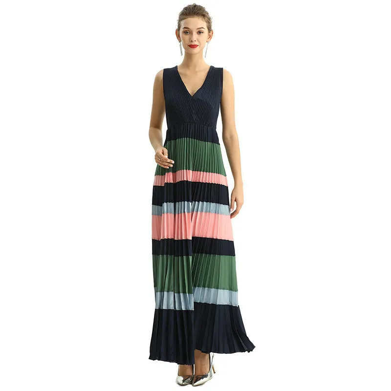 D198 Women color block satin V neck pleated maxi evening dress