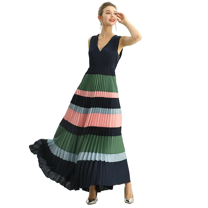 D198 Women color block satin V neck pleated maxi evening dress