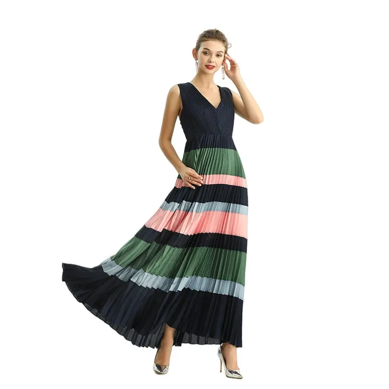 D198 Women color block satin V neck pleated maxi evening dress