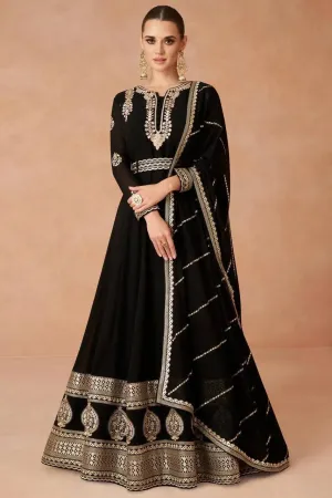 Designer Black Faux Georgette Embroidered Gown With Belt