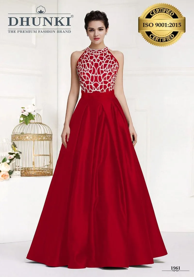 Designer Halter Neck Embroidered Banglori Silk Gown