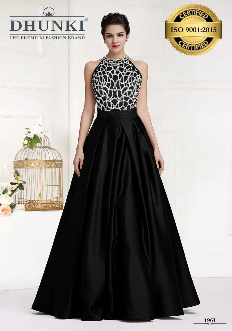 Designer Halter Neck Embroidered Banglori Silk Gown