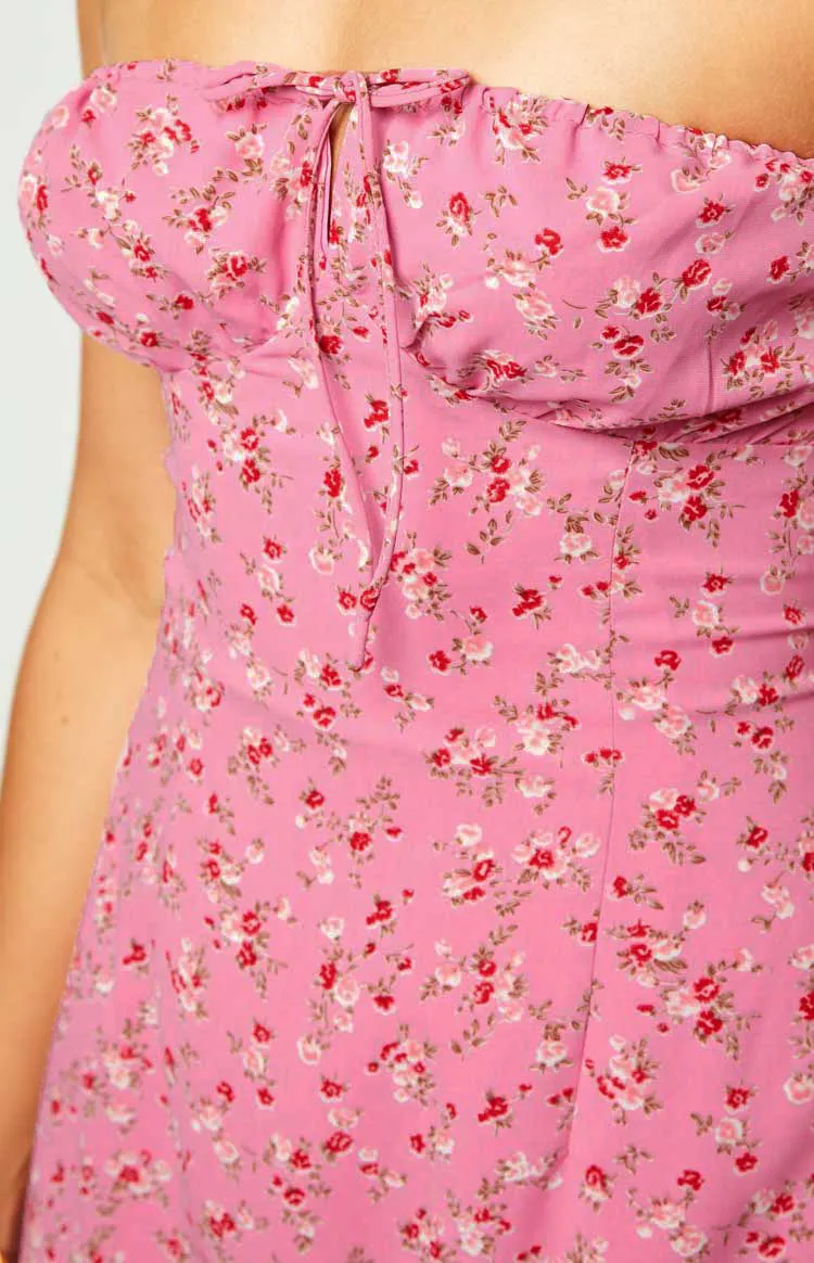 Dion Pink Floral Strapless Midi Dress