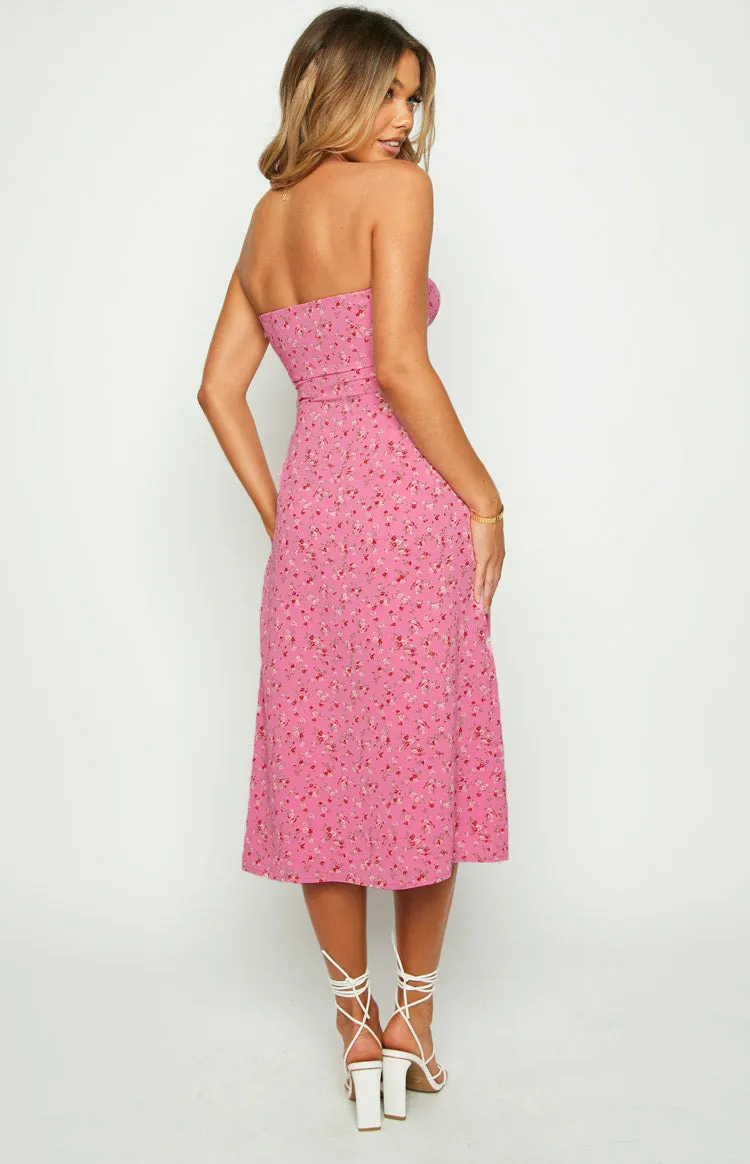 Dion Pink Floral Strapless Midi Dress