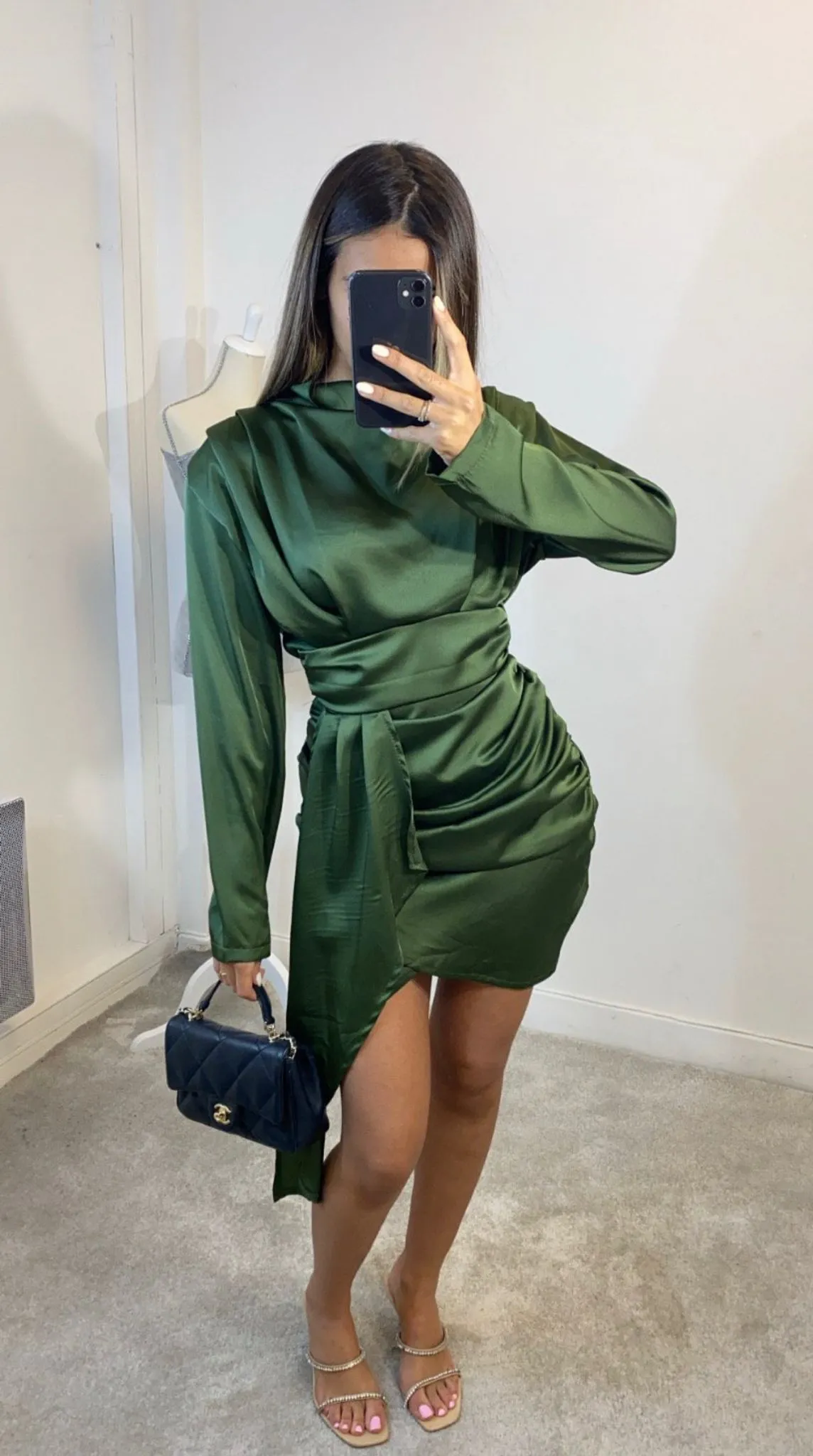 Don’t ‘give a glam’ long sleeve satin ruched mini dress - khaki