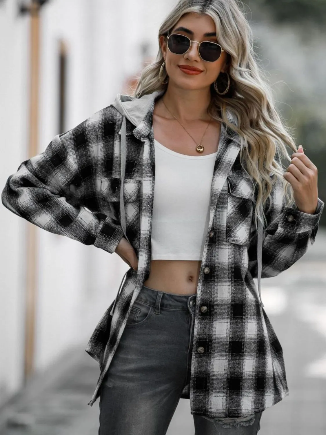 Double Take Drawstring Plaid Hooded Shacket – Casual Long Sleeve Jacket with Pockets (S-2XL)
