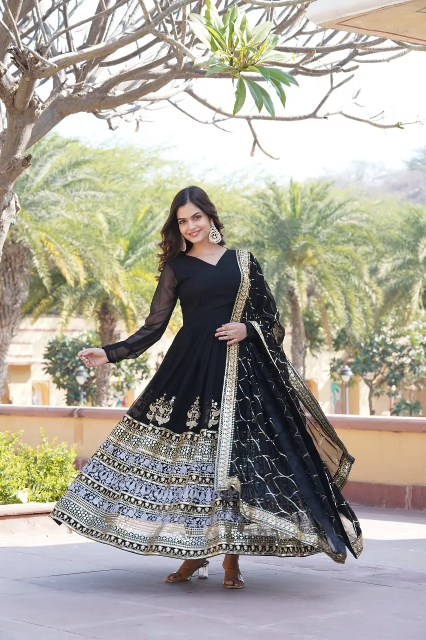 Elegant Black V-Neck Faux Blooming Gown with Sequined Embroidery and Dupatta