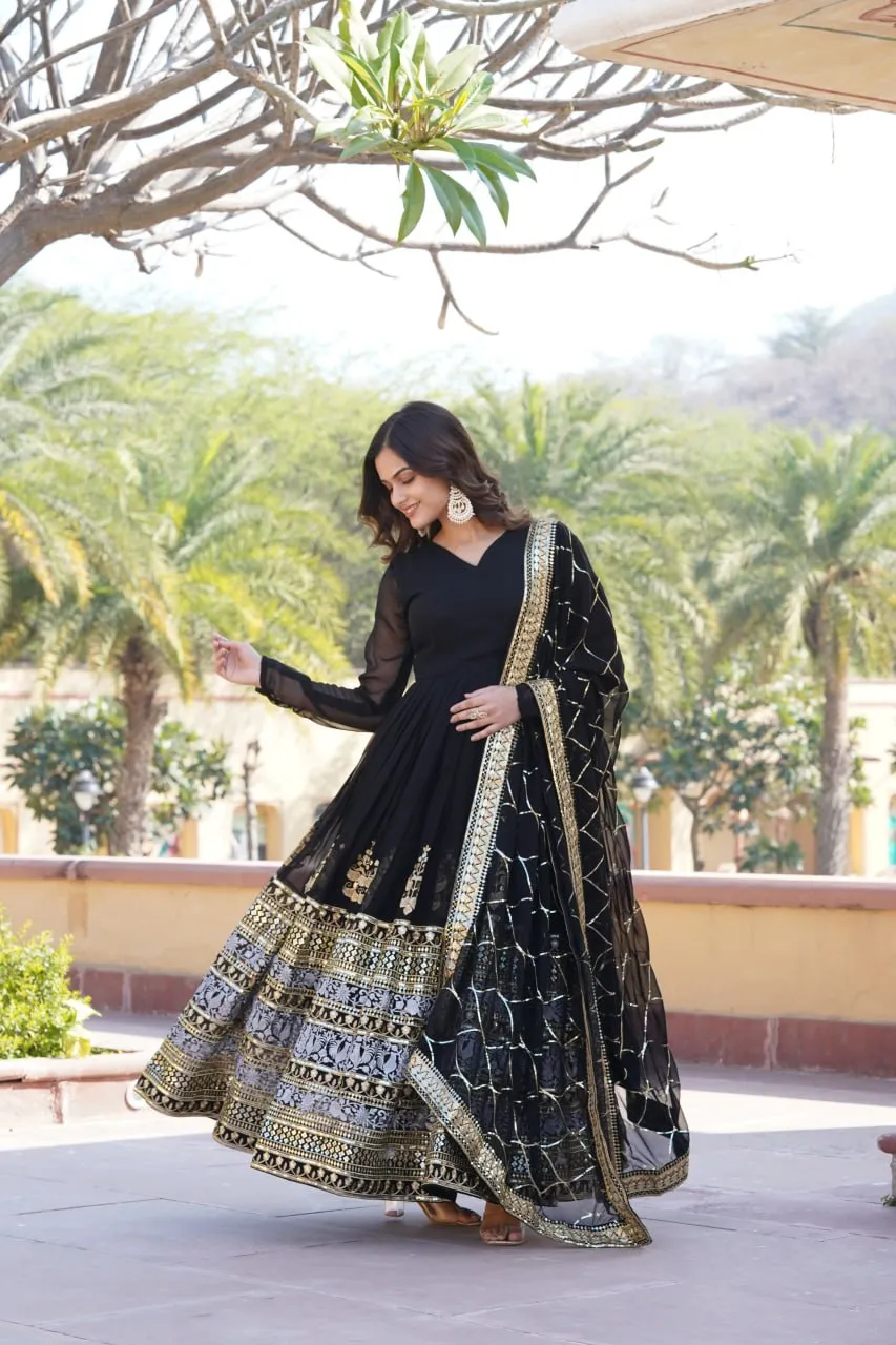 Elegant Black V-Neck Faux Blooming Gown with Sequined Embroidery and Dupatta