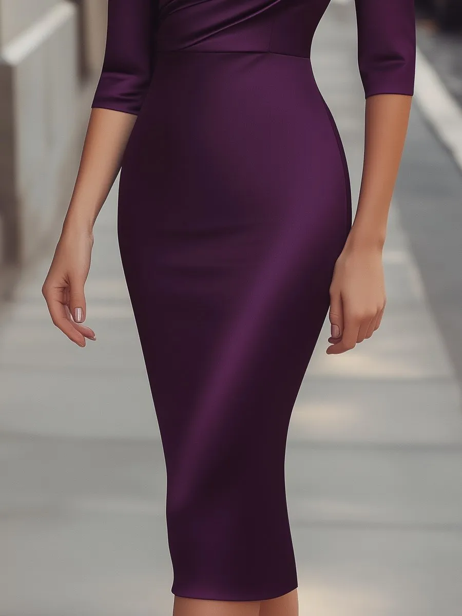 Elegant Purple Boatneck Dress with Ruched Detailing