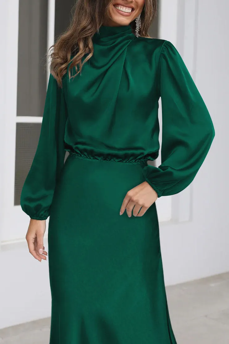 elveswallet Chic Satin Long Sleeve Midi High Neck Dress