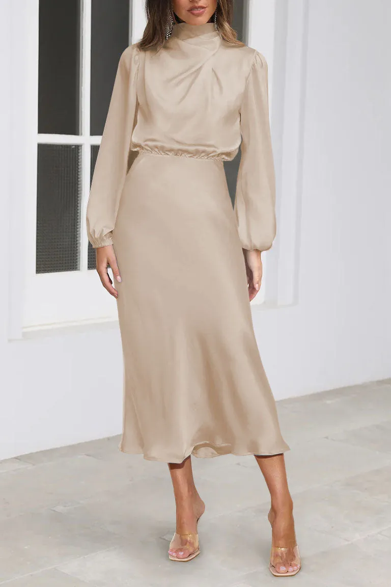 elveswallet Chic Satin Long Sleeve Midi High Neck Dress