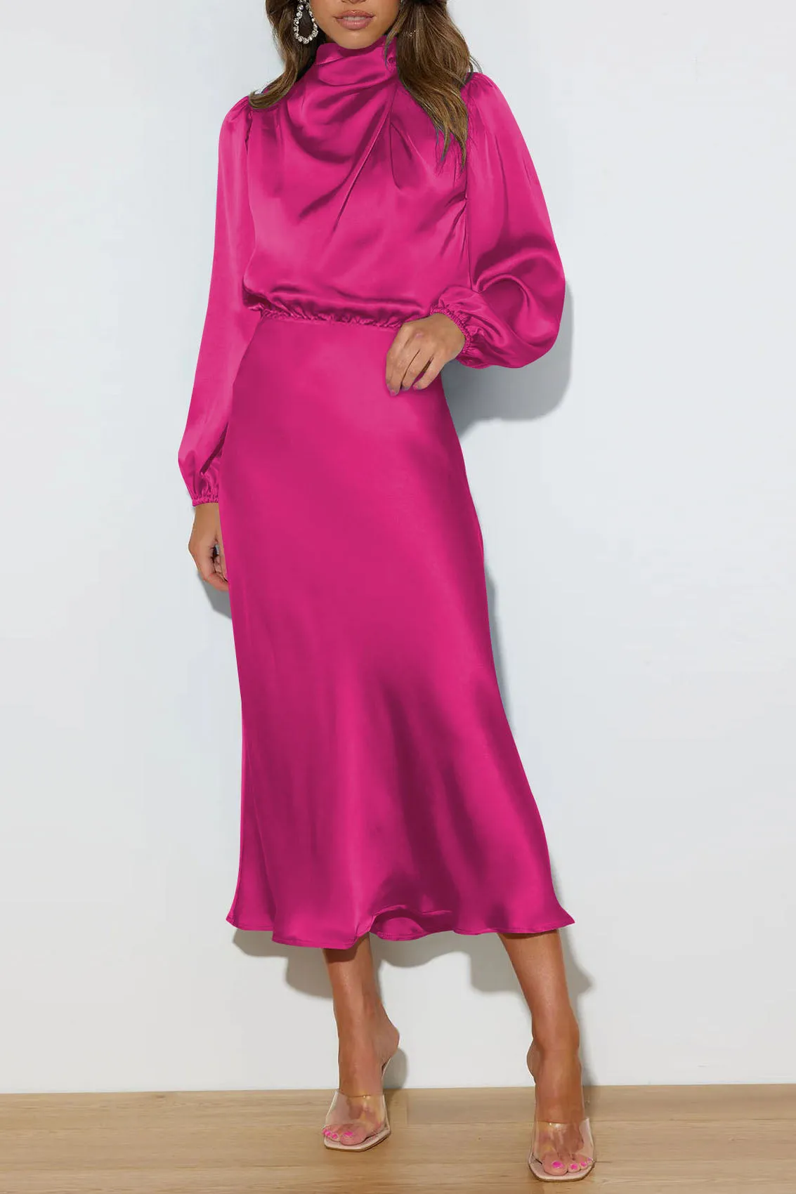 elveswallet Chic Satin Long Sleeve Midi High Neck Dress