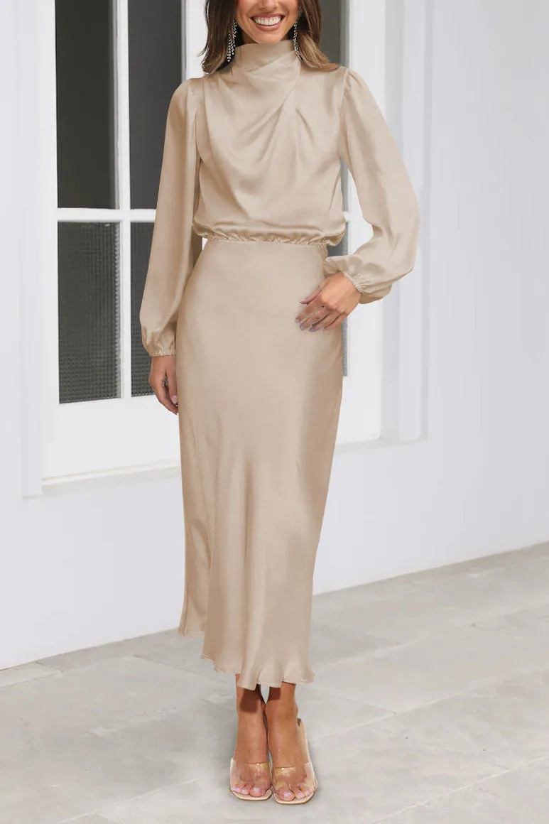 elveswallet Chic Satin Long Sleeve Midi High Neck Dress