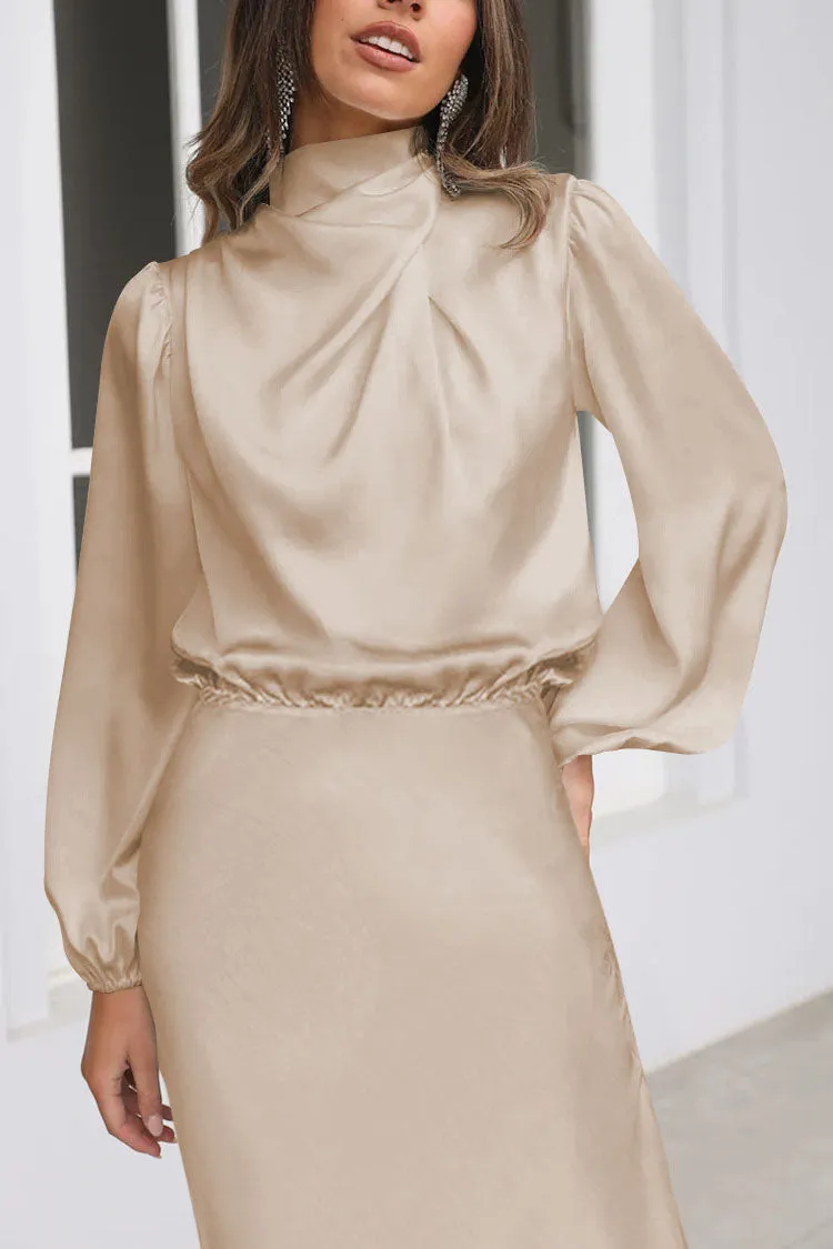 elveswallet Chic Satin Long Sleeve Midi High Neck Dress