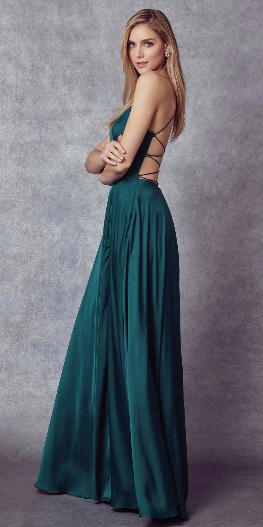 Emerald Long Satin Dress with Side Slit