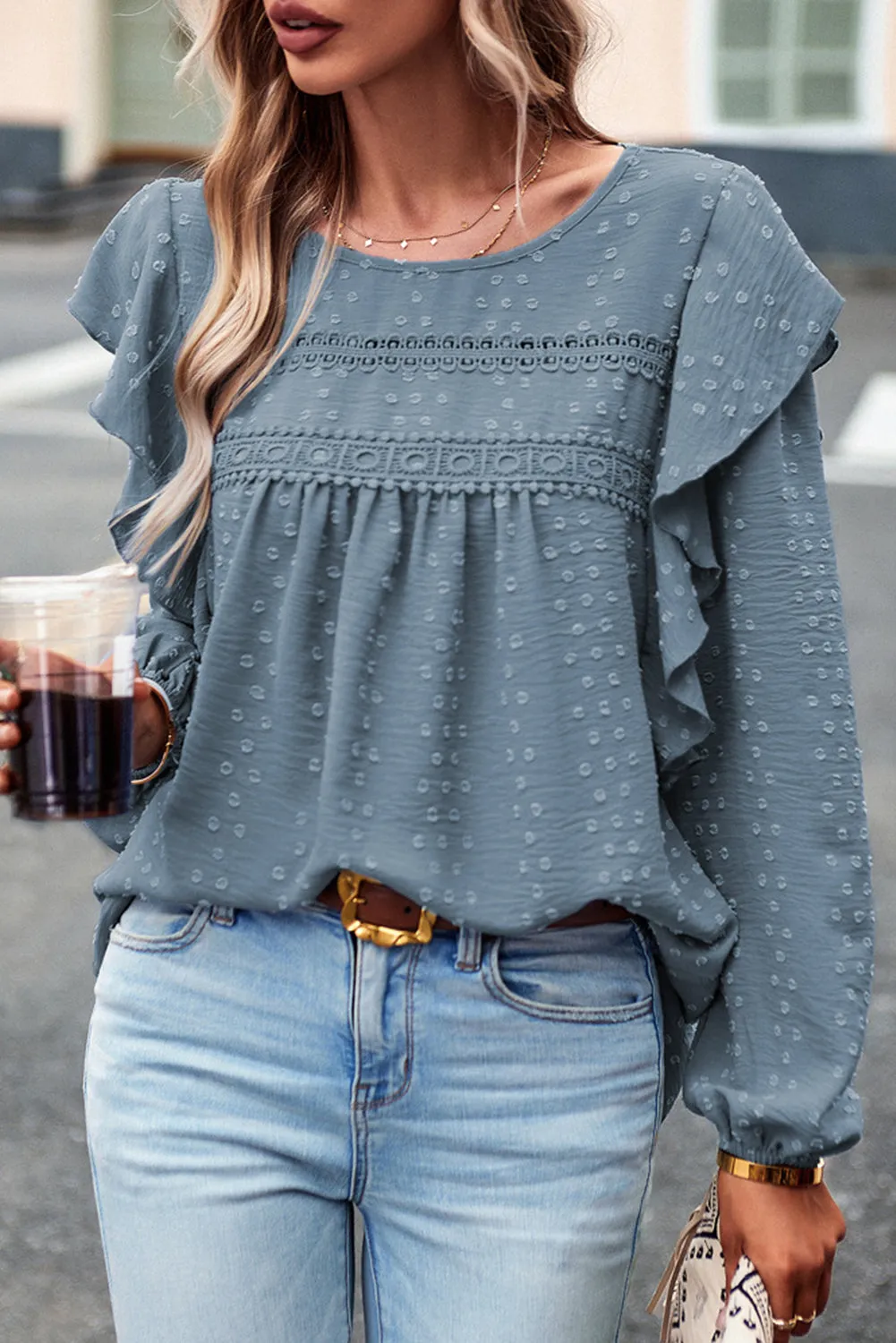 Eyelet Ruffle Lantern Sleeve Blouse