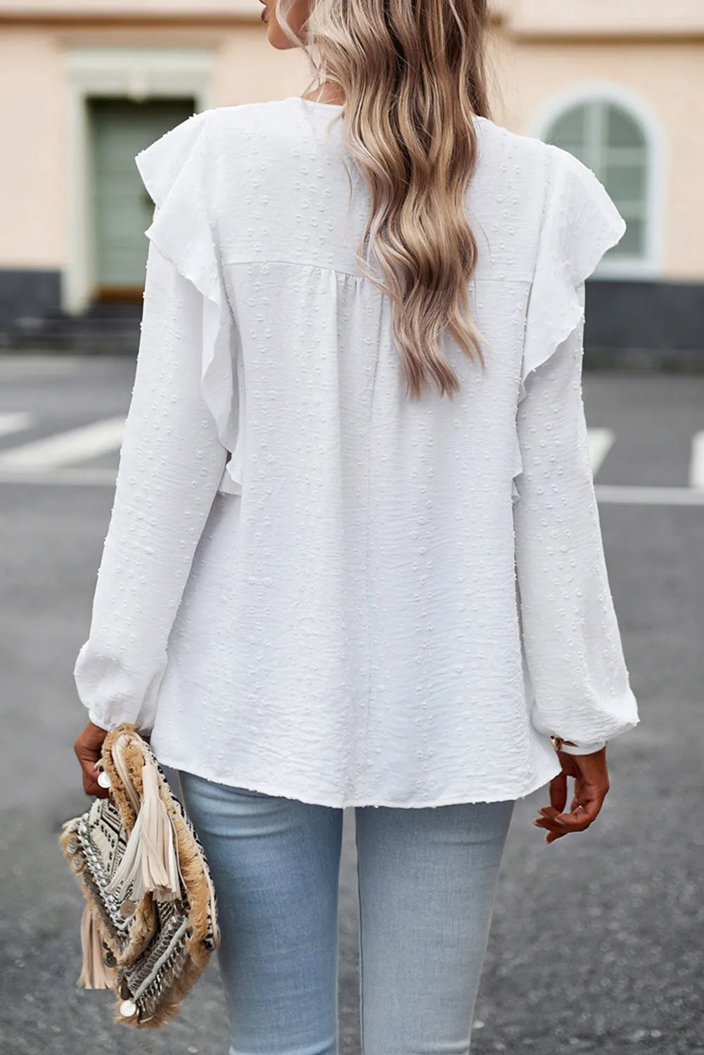 Eyelet Ruffle Lantern Sleeve Blouse