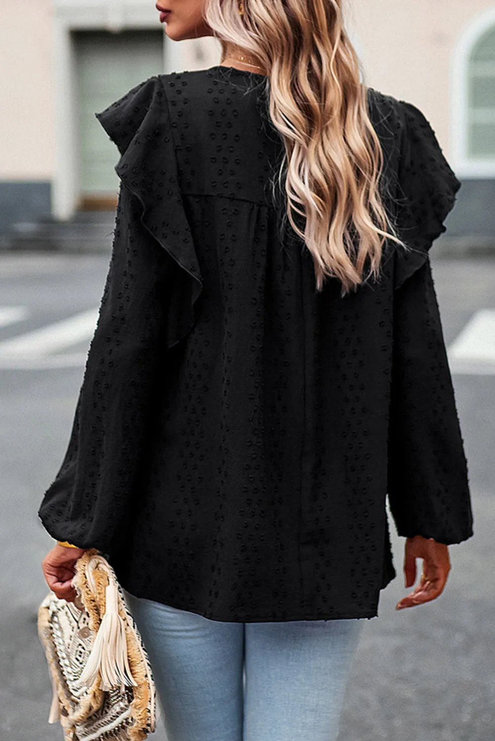 Eyelet Ruffle Lantern Sleeve Blouse