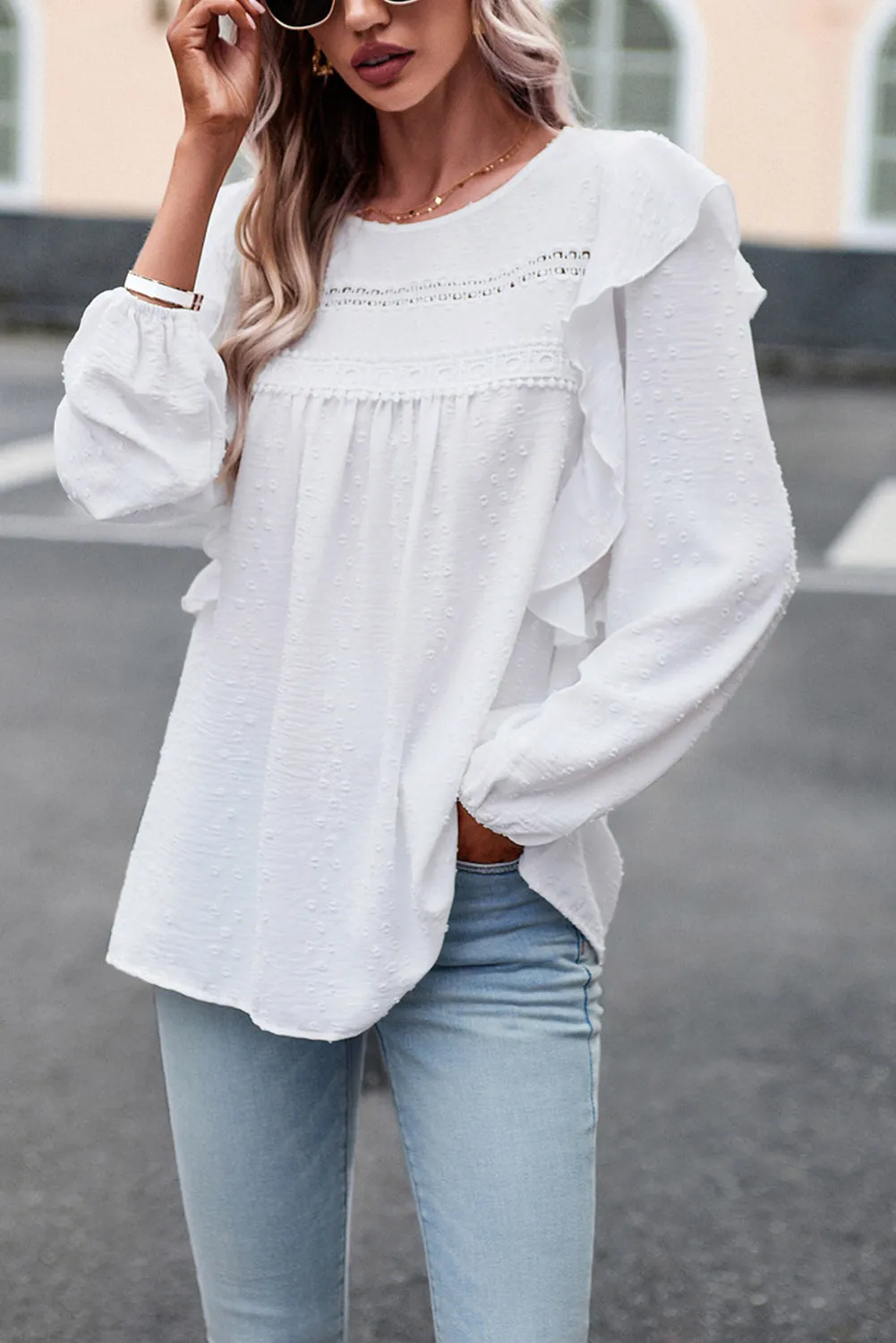 Eyelet Ruffle Lantern Sleeve Blouse