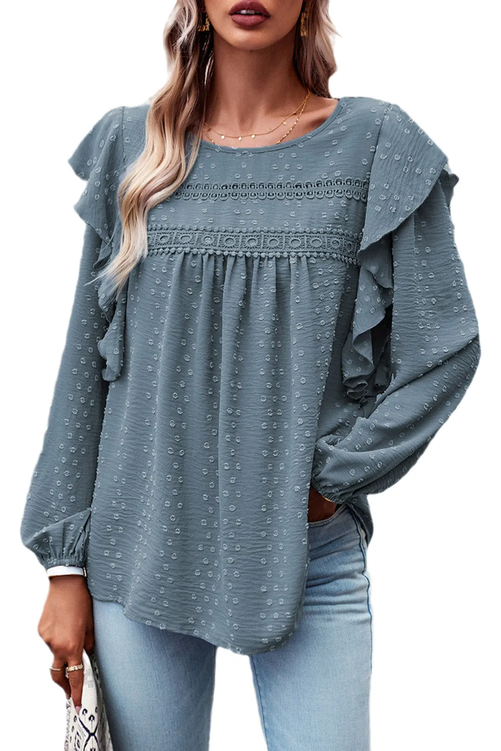 Eyelet Ruffle Lantern Sleeve Blouse