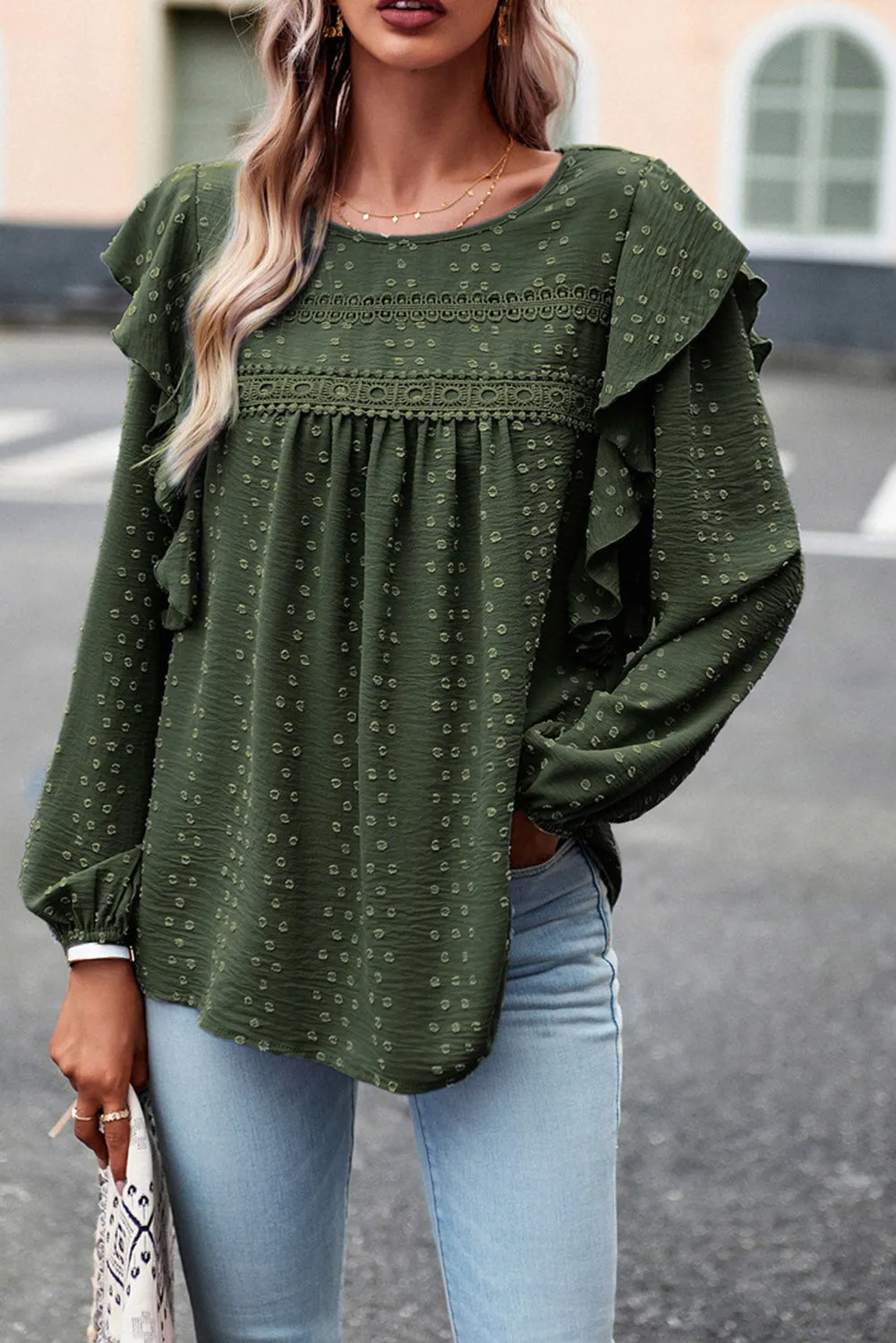 Eyelet Ruffle Lantern Sleeve Blouse