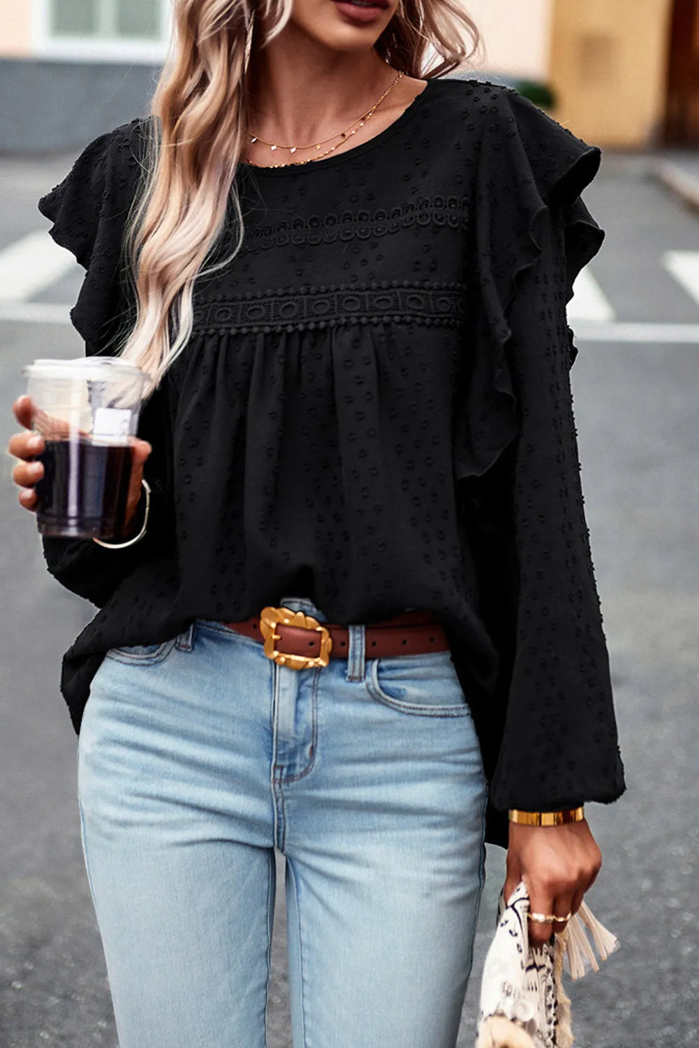 Eyelet Ruffle Lantern Sleeve Blouse