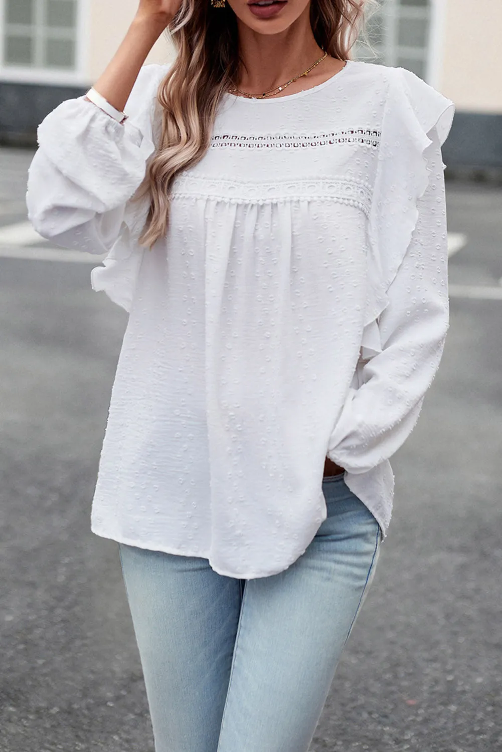 Eyelet Ruffle Lantern Sleeve Blouse