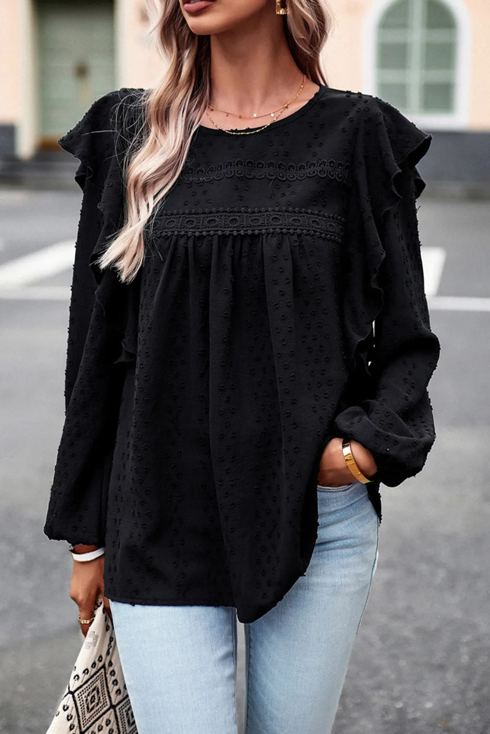 Eyelet Ruffle Lantern Sleeve Blouse