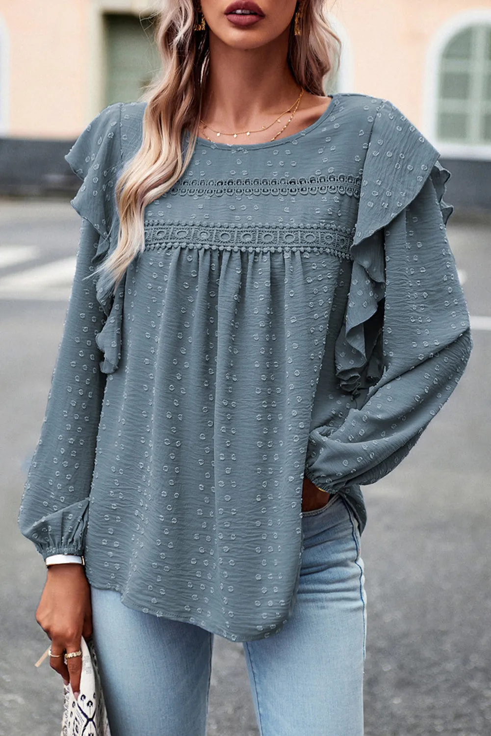 Eyelet Ruffle Lantern Sleeve Blouse