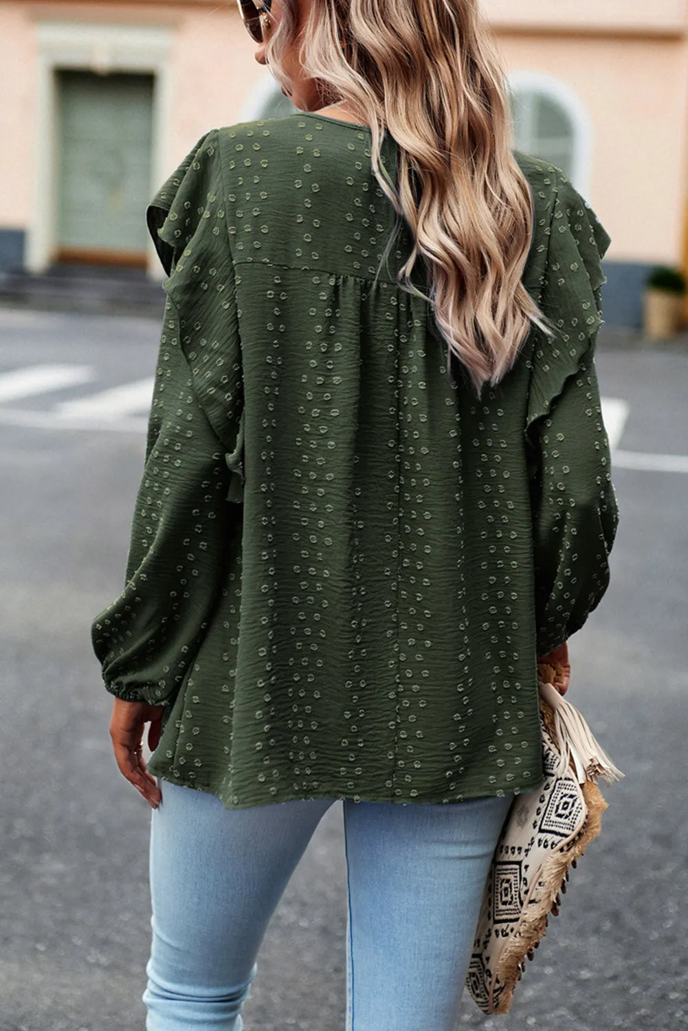 Eyelet Ruffle Lantern Sleeve Blouse