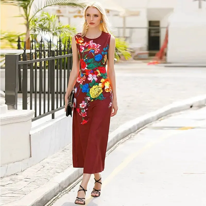 Floral Satin Red Dress