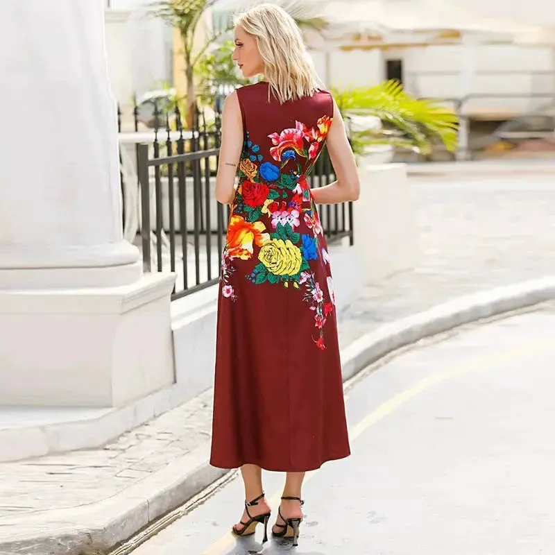 Floral Satin Red Dress