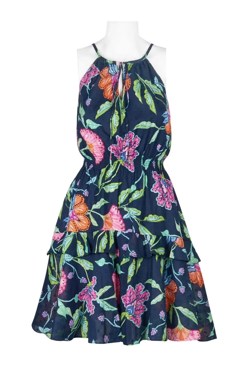 Floral Tiered Cotton Dress with Adjustable Spaghetti Straps and Chic Keyhole Detail