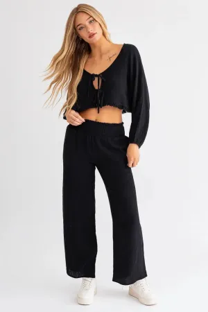 Front Tie Frayed Hem Crop Top & Wide Leg Pants Set